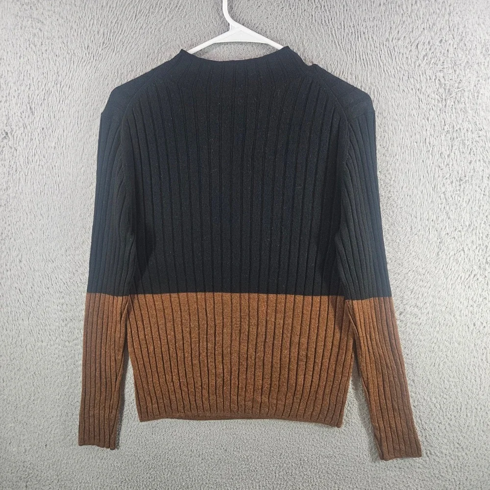 Banana Republic 100% Merino Wool Ribbed Colorblock Mock Neck Sweater Black Brn L